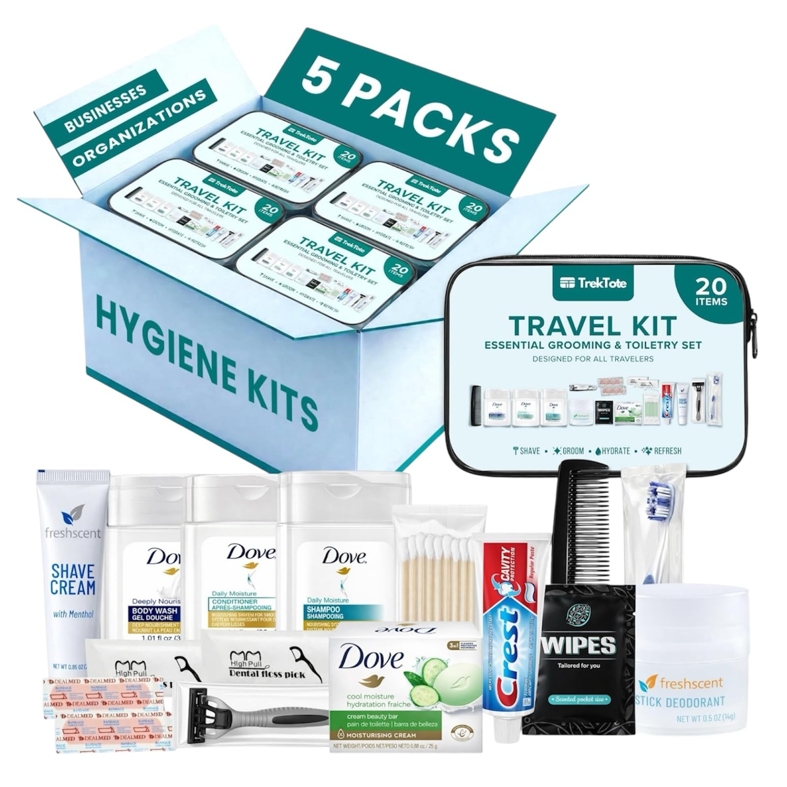 TREKTOTE clear pouch front view showing contents for quick identification