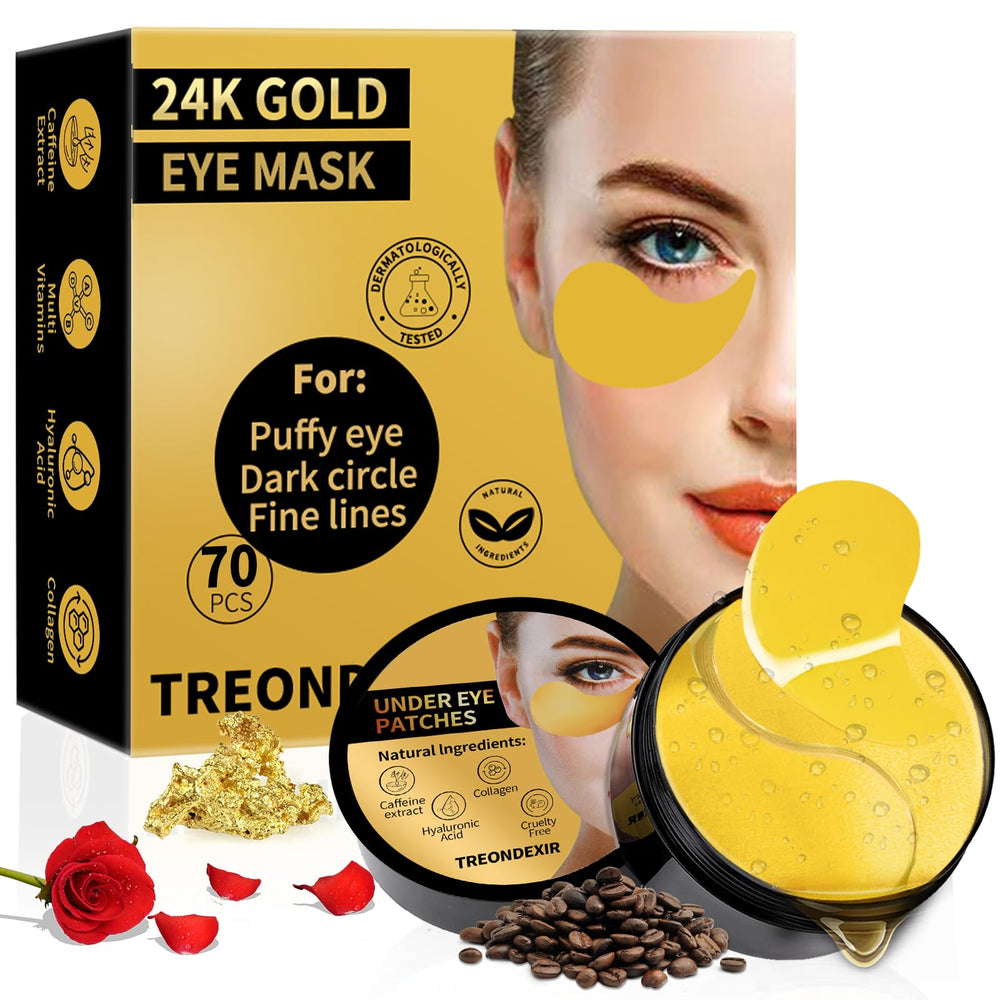 Treondexir front packaging showing 70-piece gold eye mask pack and benefits