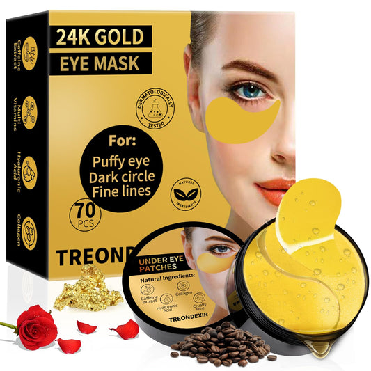 Treondexir front packaging showing 70-piece gold eye mask pack and benefits