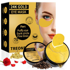Treondexir front packaging showing 70-piece gold eye mask pack and benefits