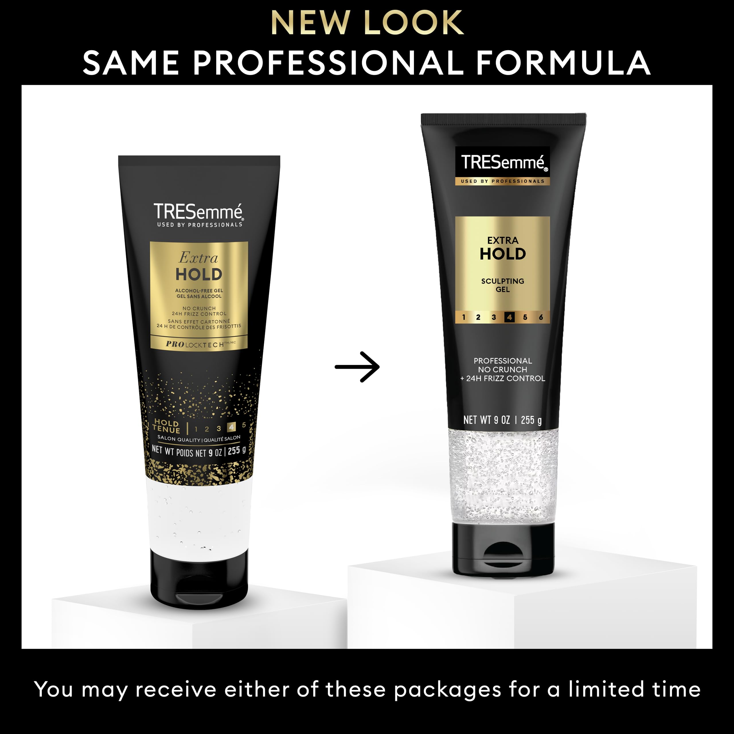 TRESemmé gel texture close-up shows smooth clear gel and non-crunch finish