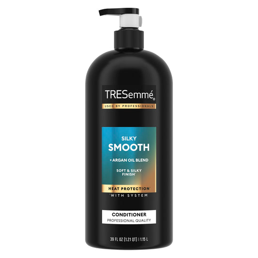 TRESemmé front packaging with pump showing large 39 oz size and easy dispensing benefit