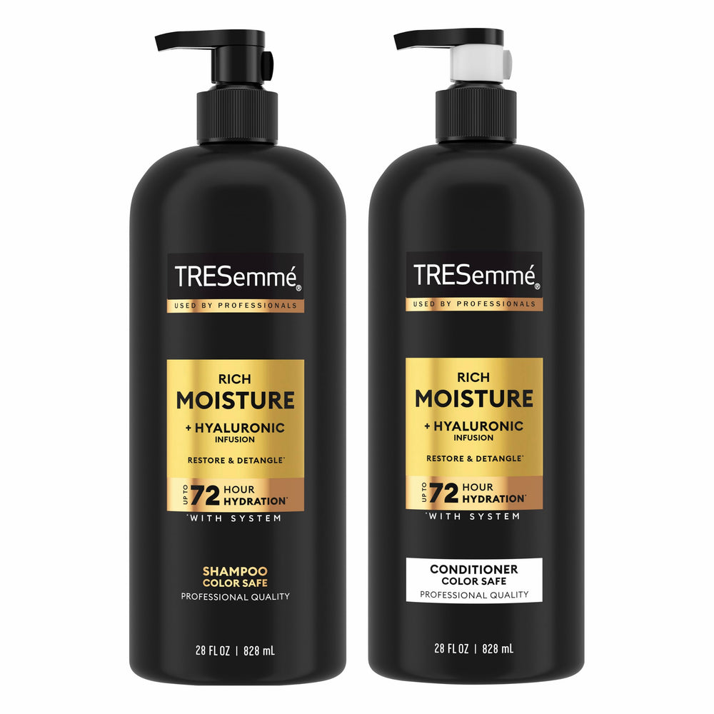 TRESemmé front packaging Rich Moisture 28 oz shows product and benefits