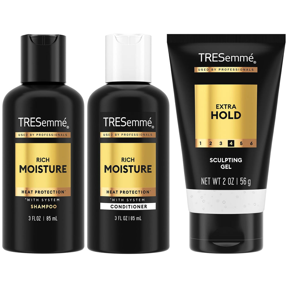 TRESemmé travel set front packaging showing bottles and gel for easy packing