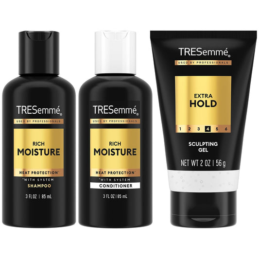 TRESemmé travel set front packaging showing bottles and gel for easy packing