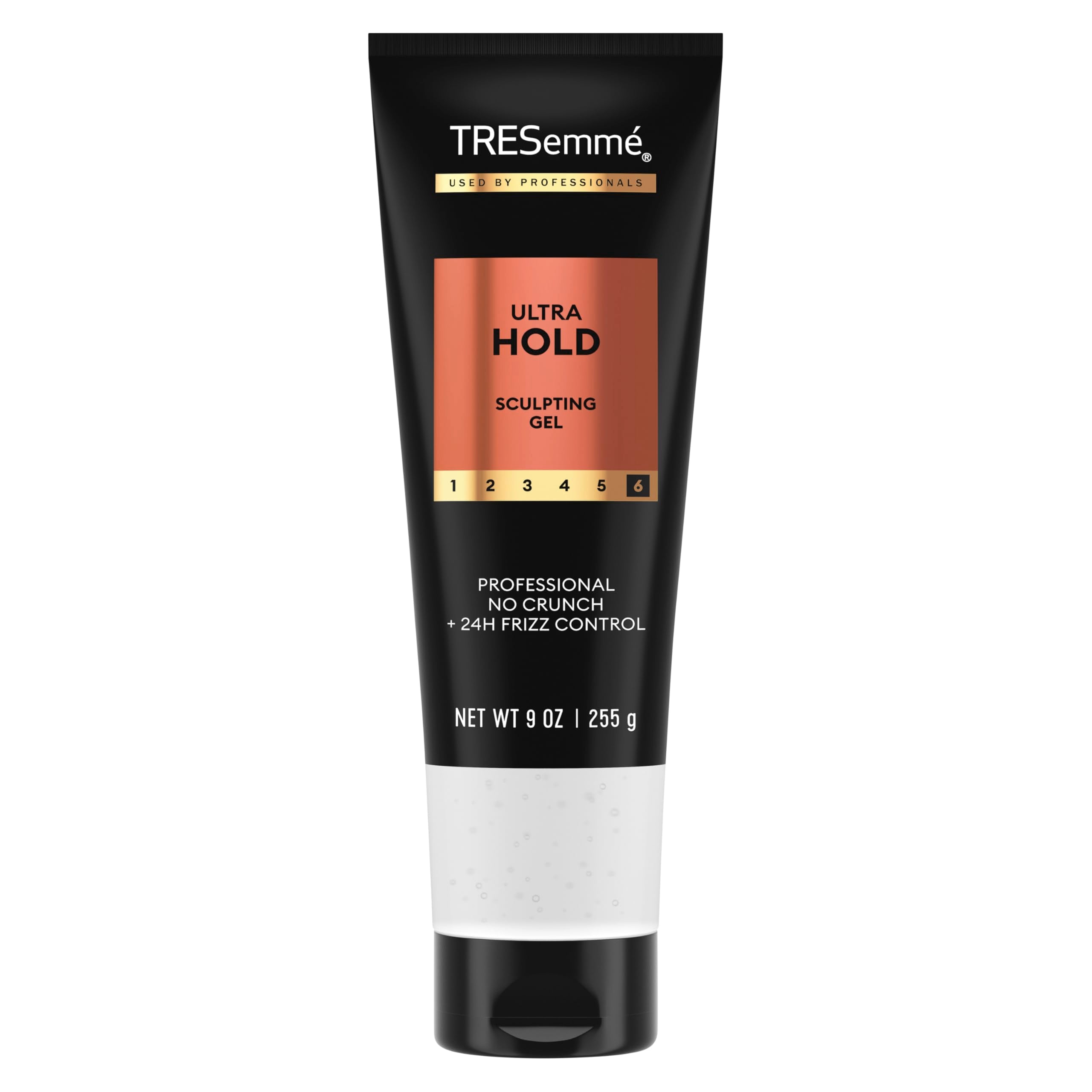 TRESemmé front bottle showing Ultra Hold Gel and 9 oz size, professional hold benefit