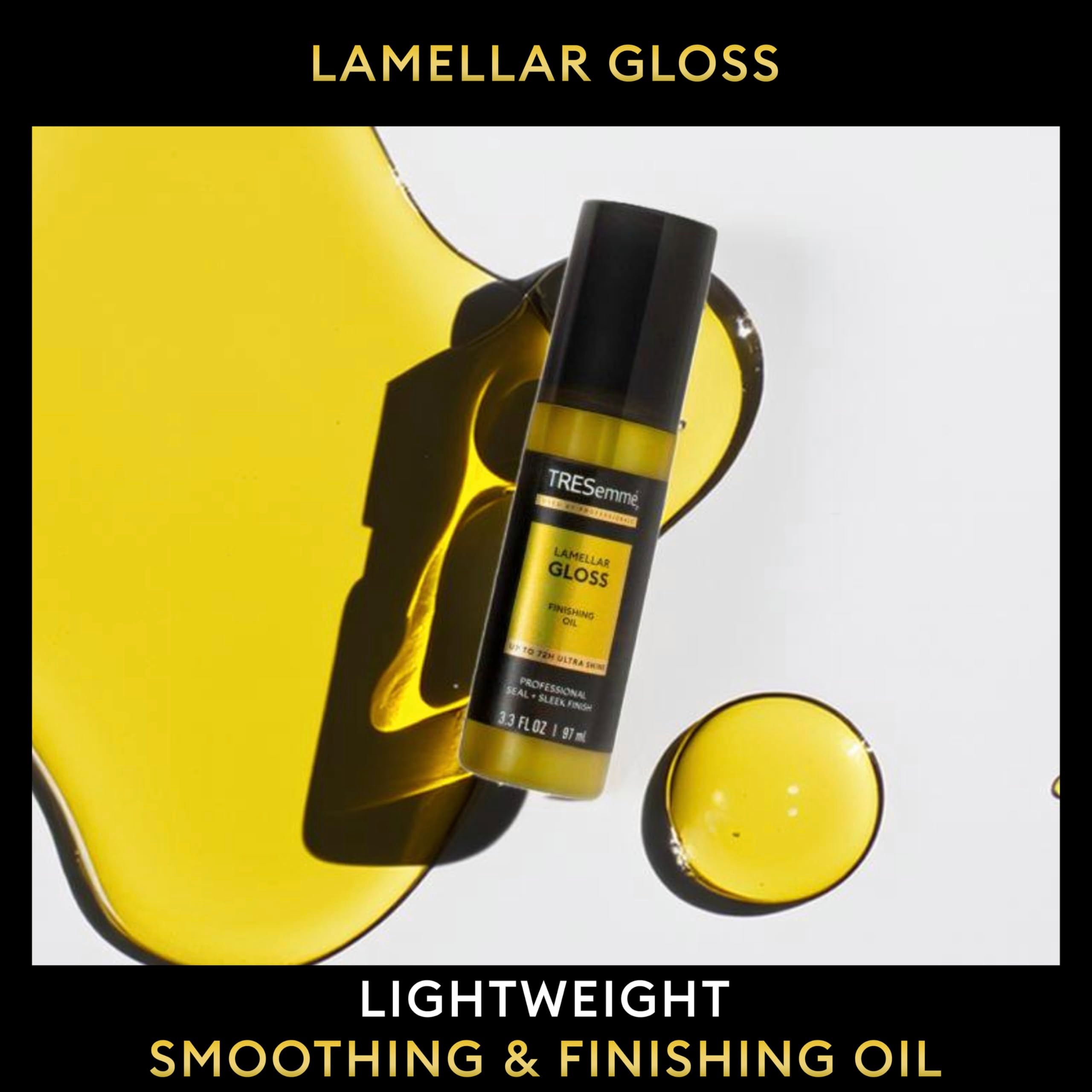 TRESemmé finishing oil smoothed on dry hair for sleek, polished shine