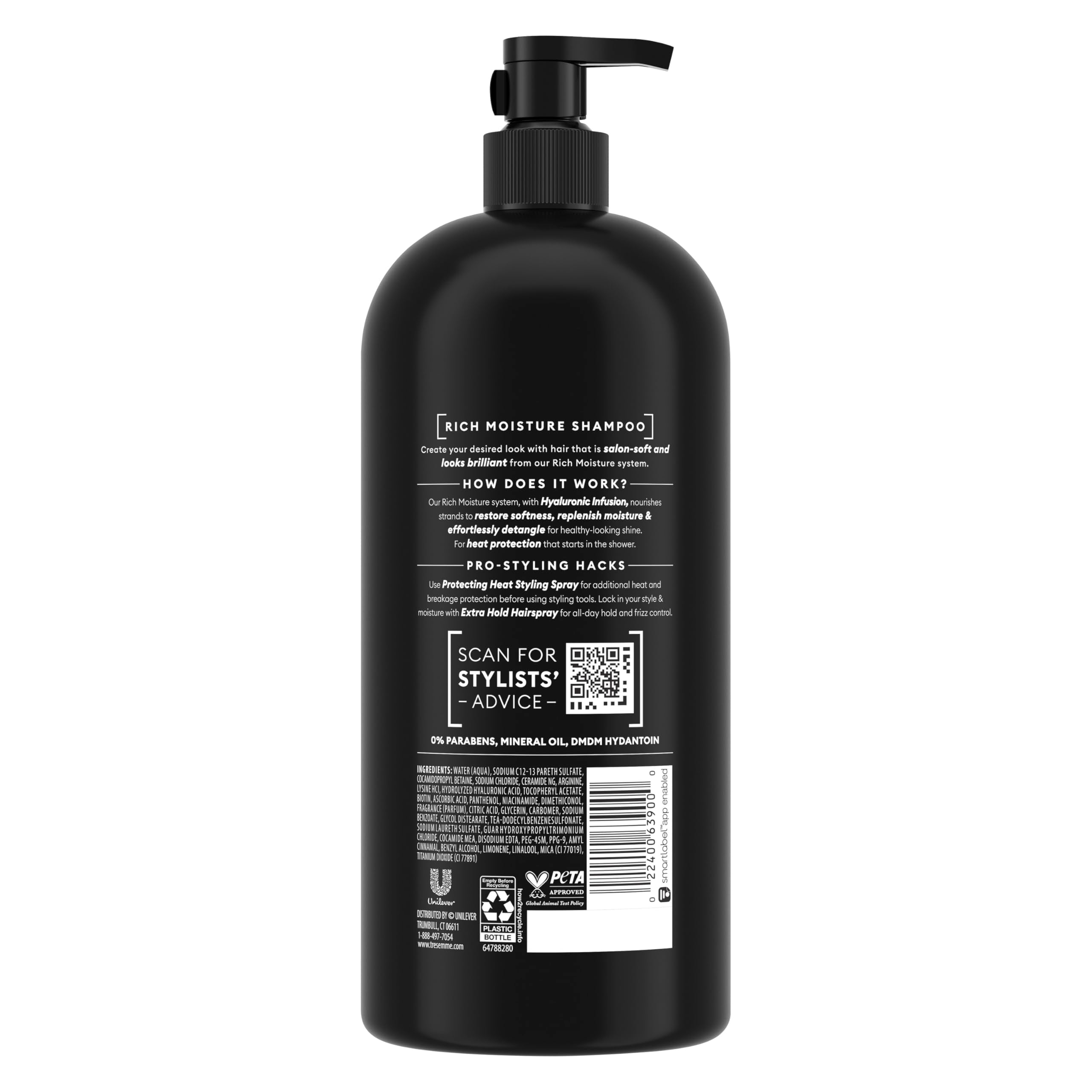 TRESemmé close-up label highlighting Hydrating Shampoo and paraben-free benefit