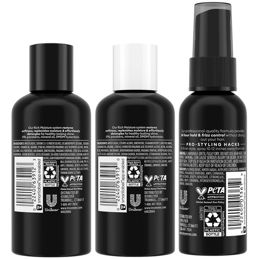 TRESemmé shampoo bottle close up highlighting label and easy dispense benefit