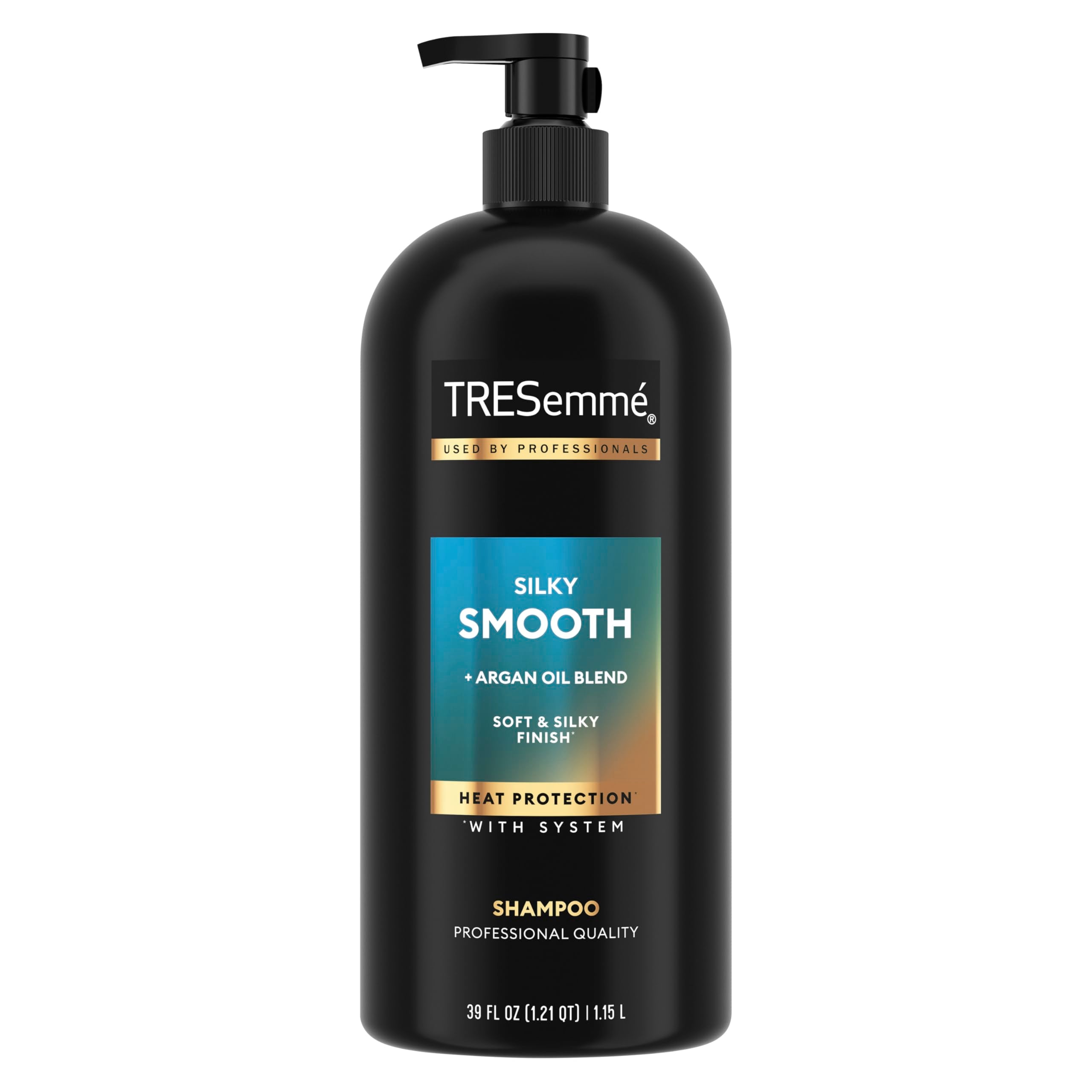 TRESemmé smooth and silky front pump bottle showing large 39 oz size and label benefits