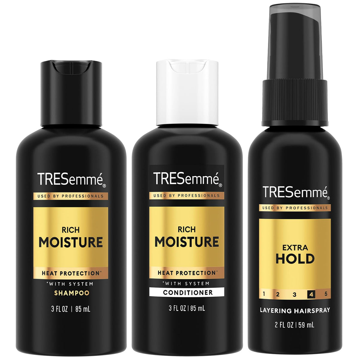 TRESemmé travel set front packaging showing three bottles with quick packing benefit