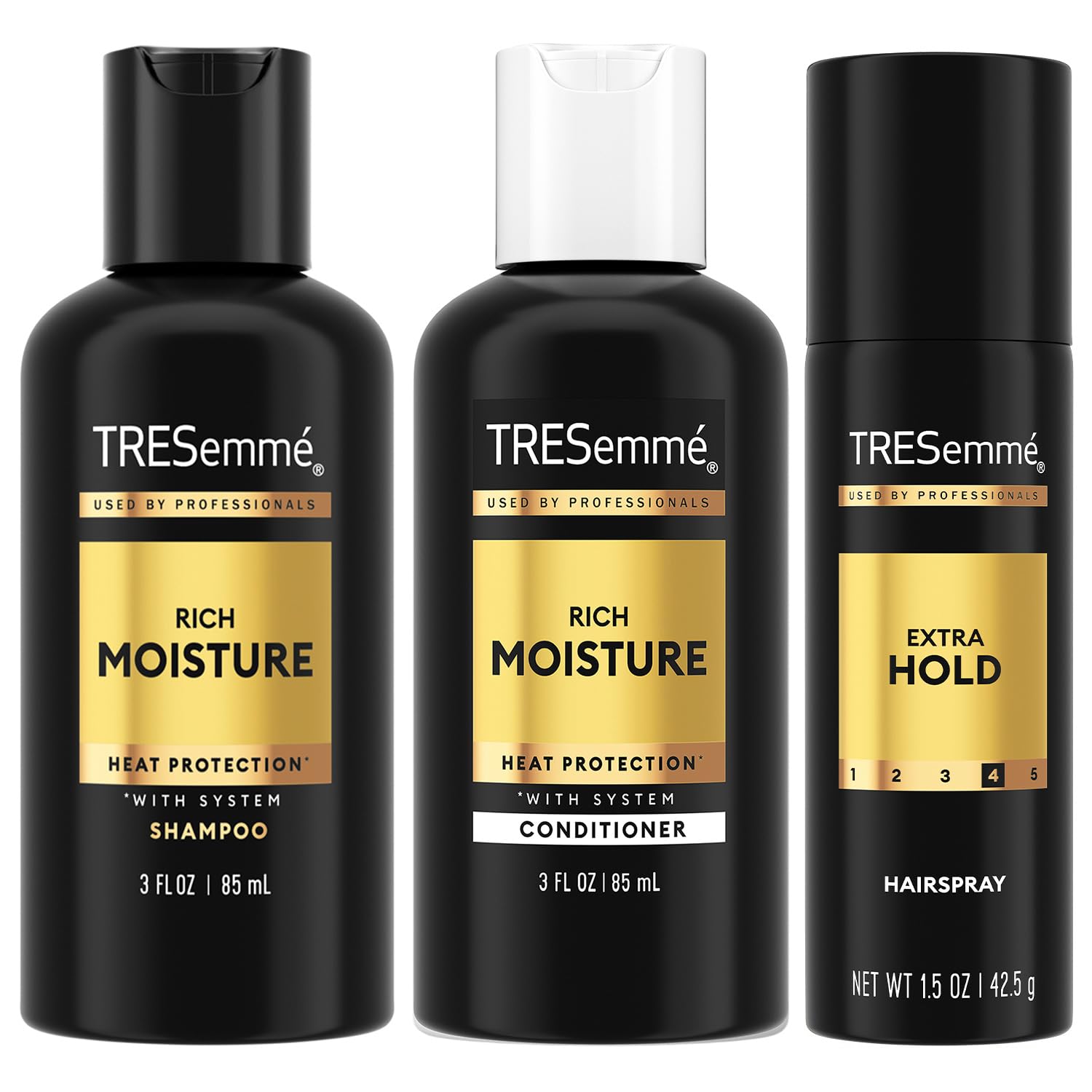 TRESemmé travel set front packaging showing compact bottles and hairspray for convenience