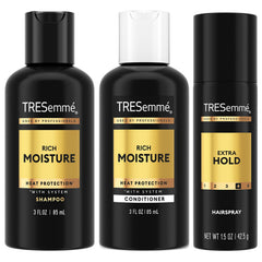 TRESemmé travel set front packaging showing compact bottles and hairspray for convenience