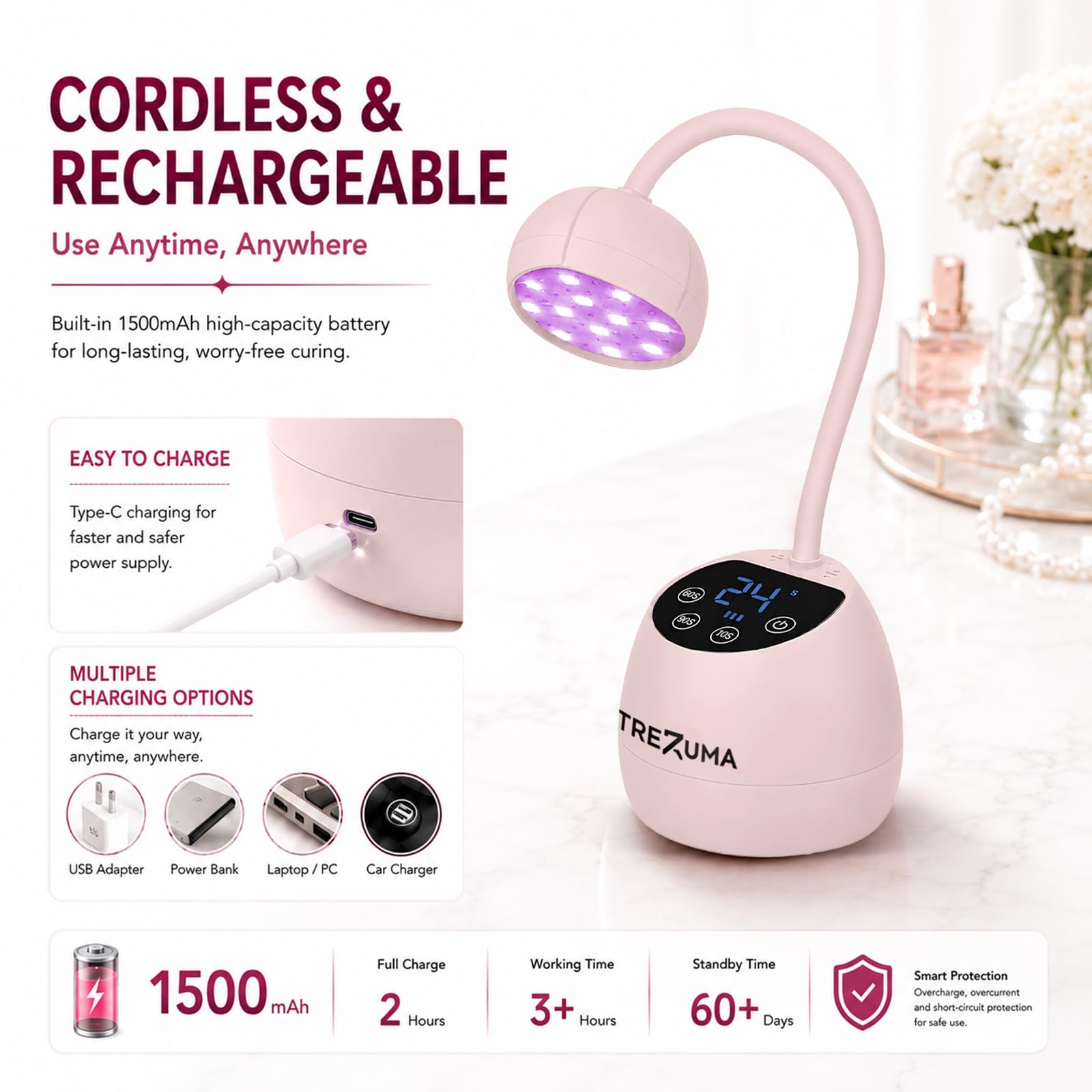 TREZUMA in use during a manicure illustrating cordless convenience