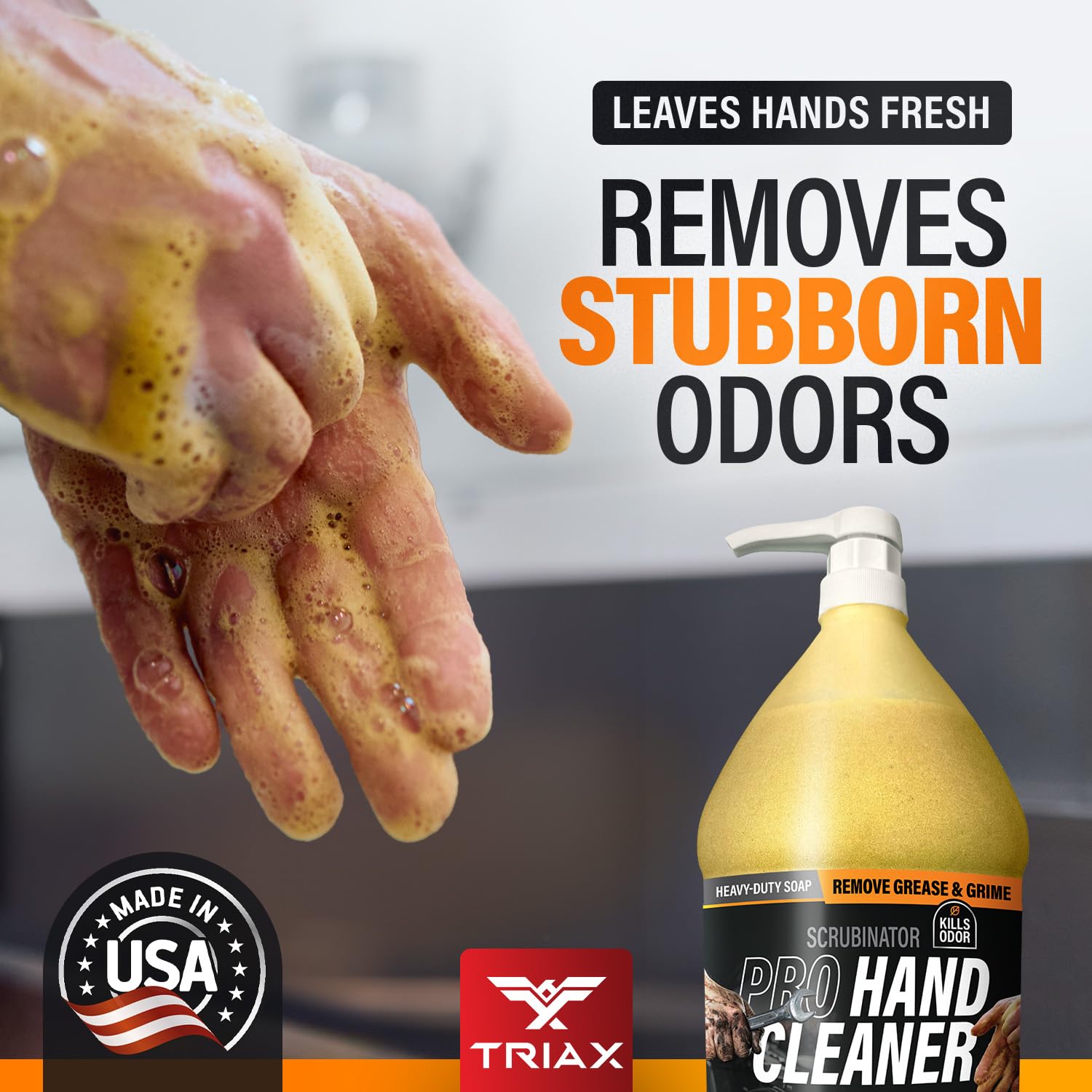 TRIAX used at kitchen sink showing odor removal and safe cleaning benefit