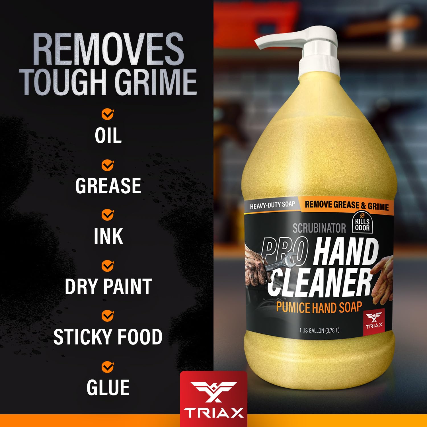 TRIAX in-use on mechanic hands demonstrating powerful grease removal benefit