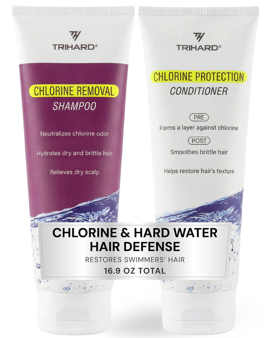 TRIHARD front packaging showing both shampoo and conditioner and swim protection benefit