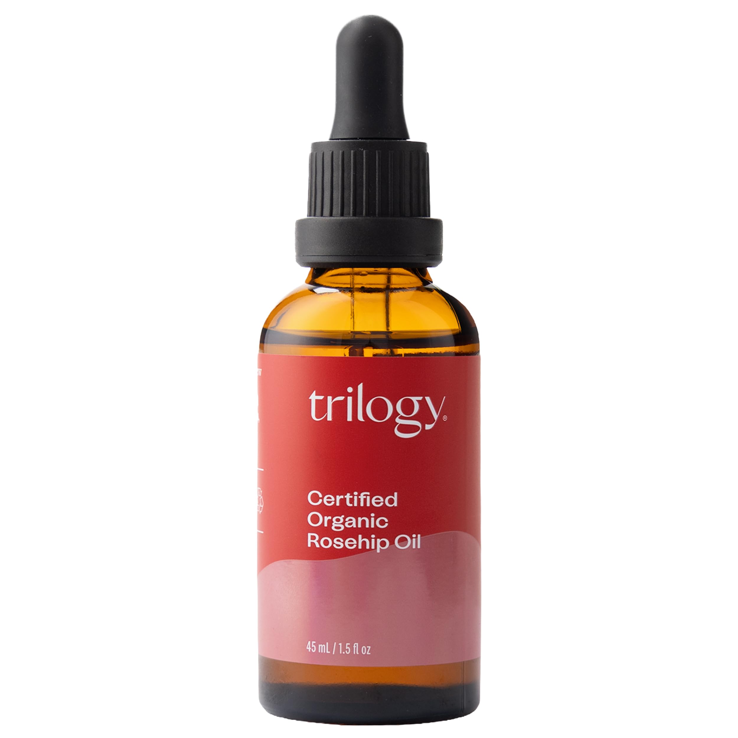 Trilogy front bottle of rosehip oil showing clean packaging and organic claim for gentle nourishment