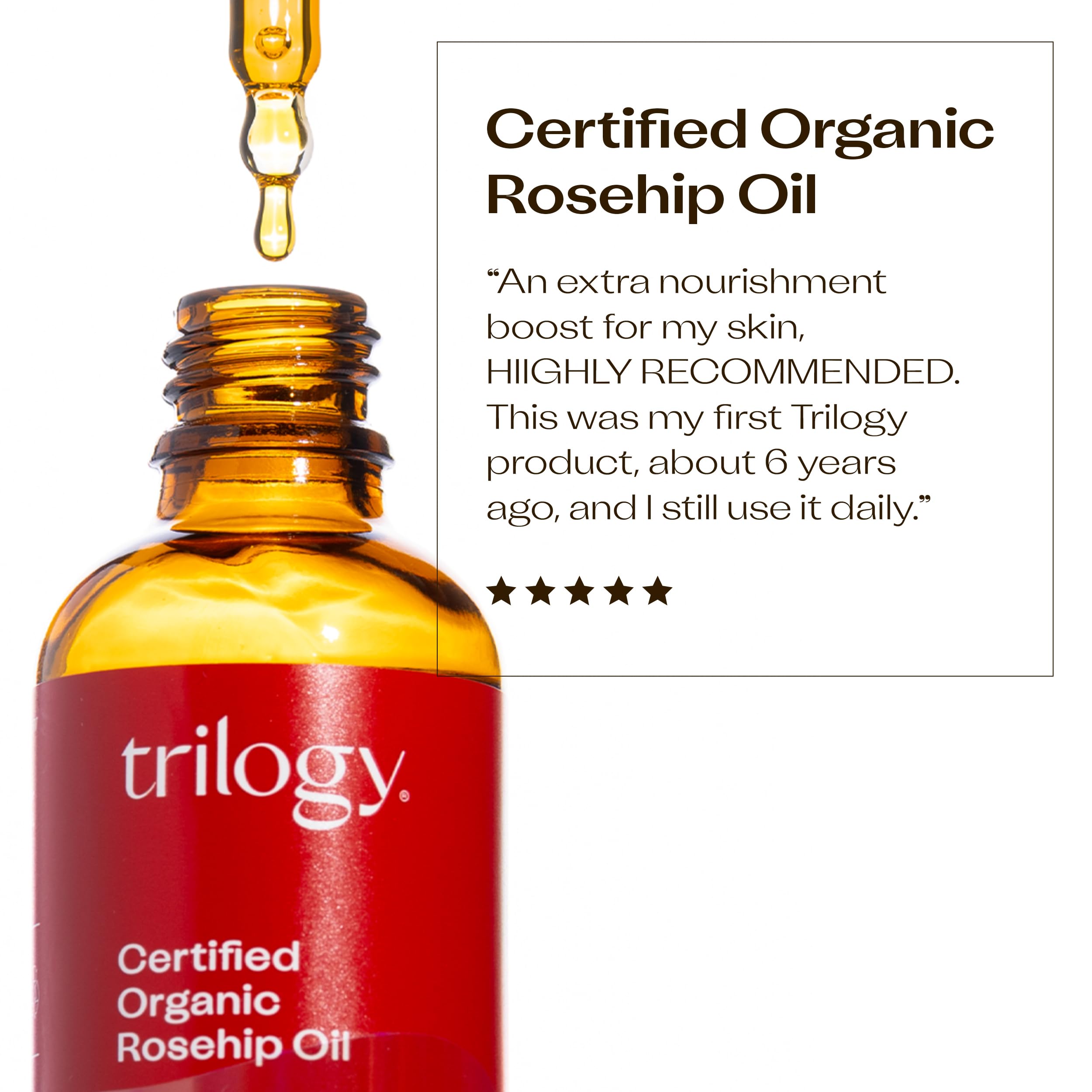 Golden rosehip oil pouring from dropper highlighting Trilogy oil’s rich texture and skin-conditioning benefit