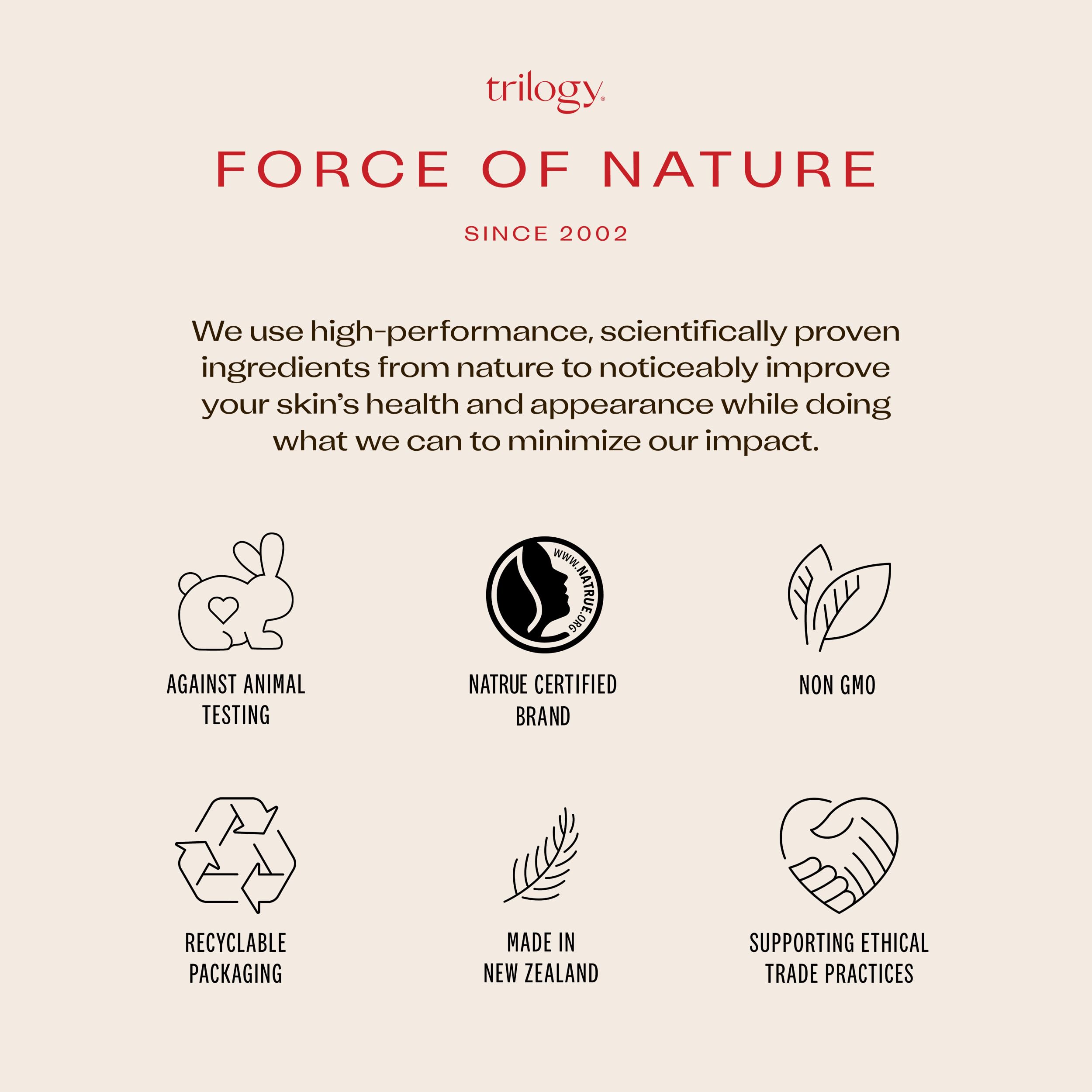 Trilogy bottle on vanity lifestyle scene conveying daily routine benefit