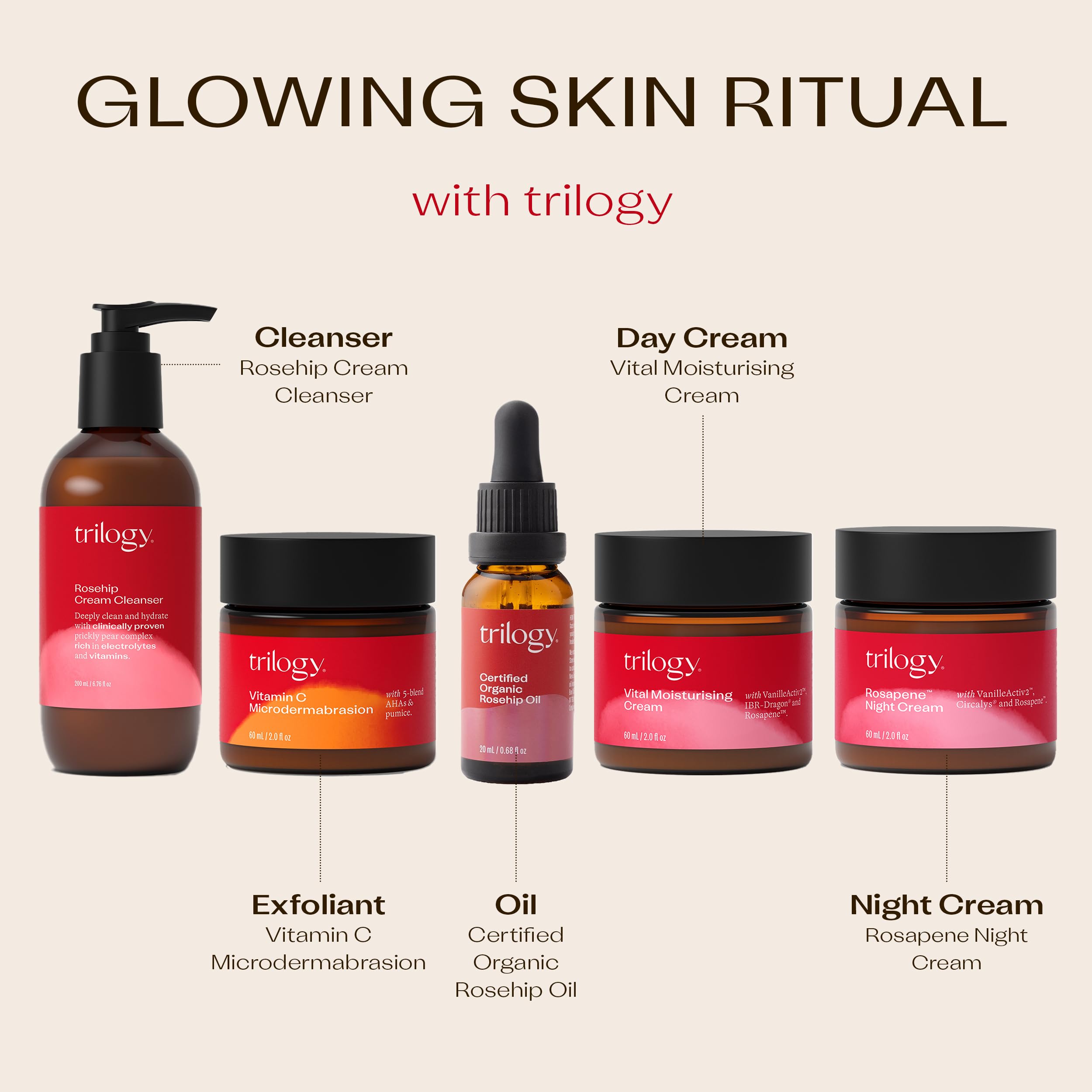 Fresh rosehips beside Trilogy bottle showing natural botanical source and nutrient-rich benefit