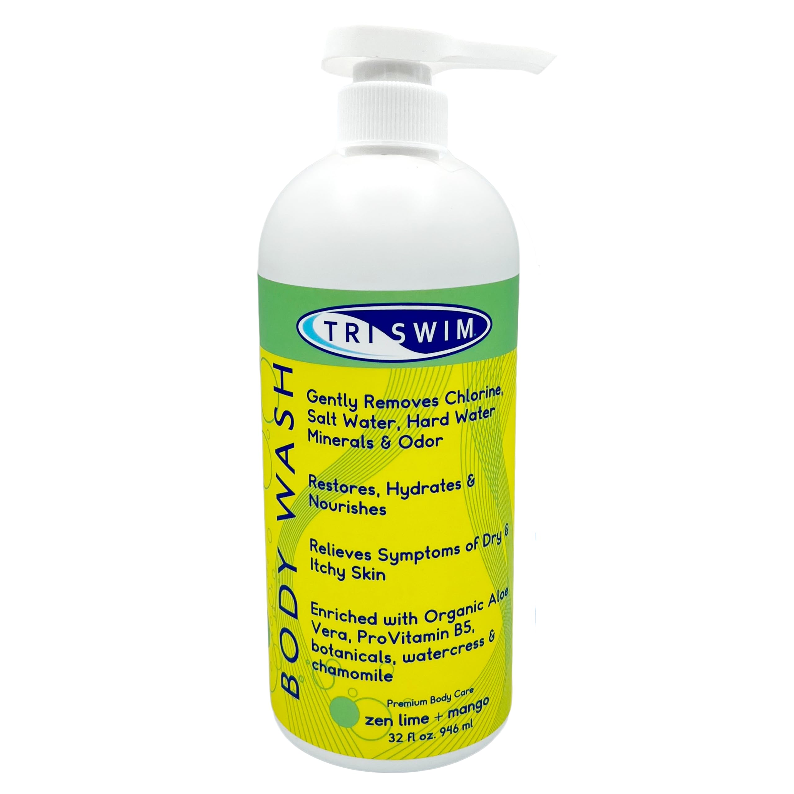 TRISWIM 32oz pump bottle front view showing convenient dispenser and value size