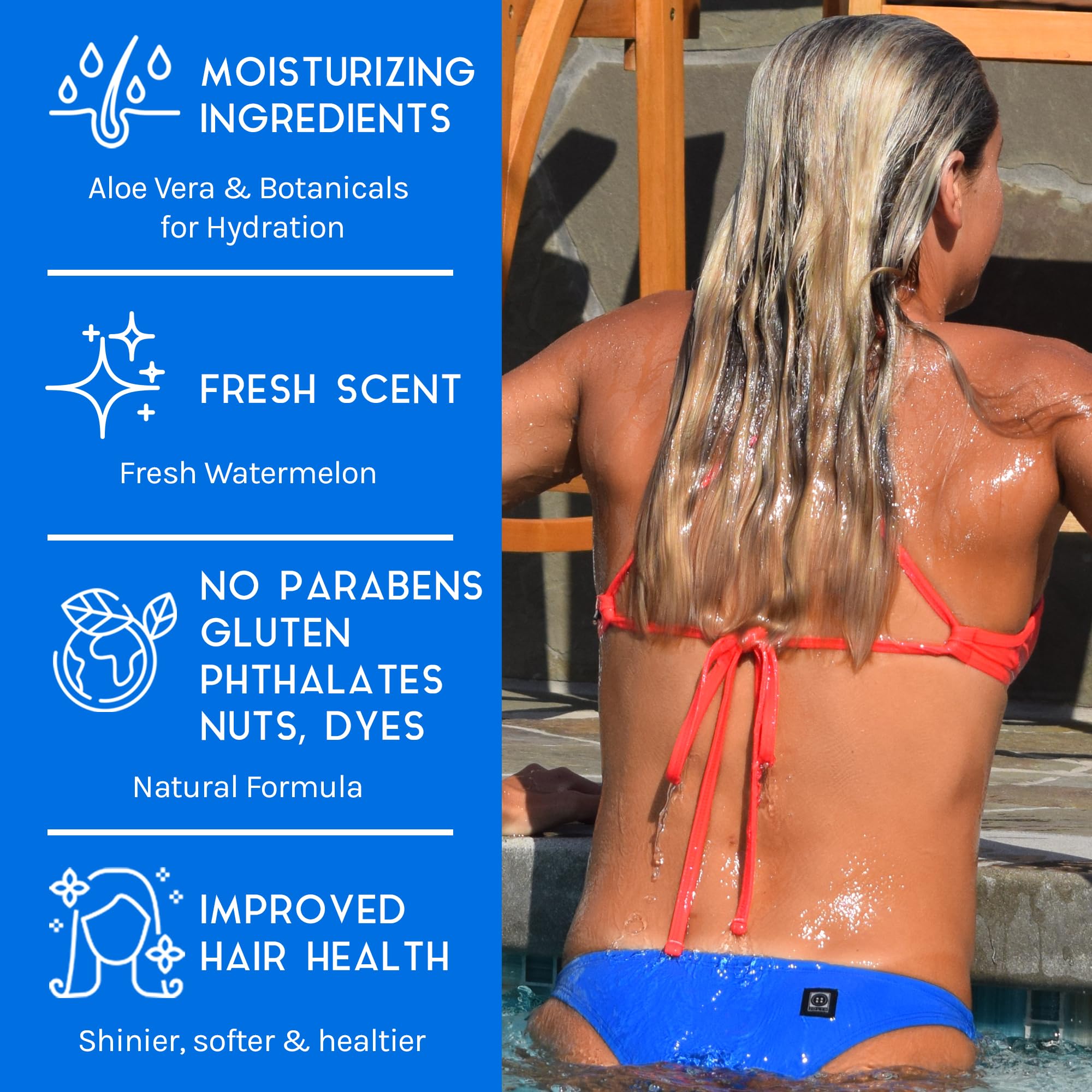 Before and after swimmer hair showing reduced green tint