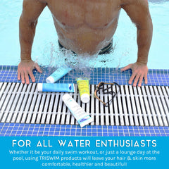 TRISWIM conditioner close-up with open cap showing creamy formula that detangles and strengthens
