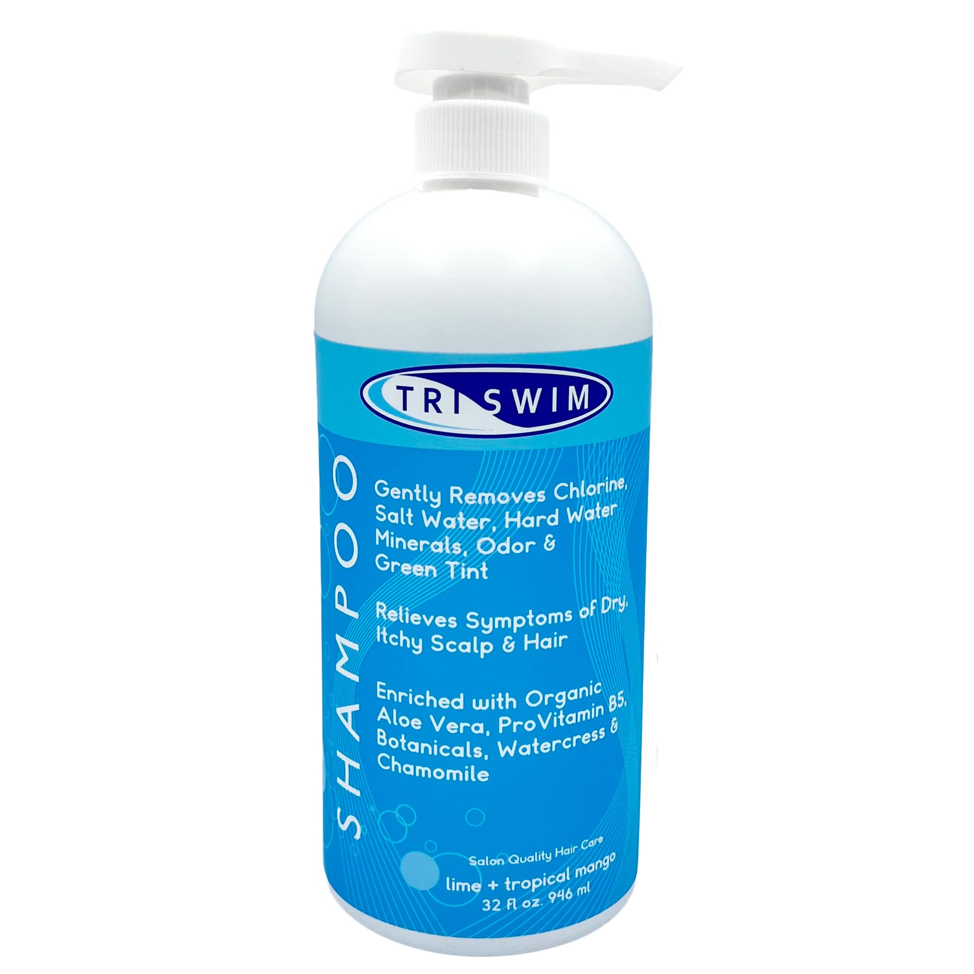 TRISWIM front 32oz pump bottle shows product and size for frequent swimmers