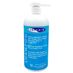 TRISWIM front 32oz pump bottle shows product and size for frequent swimmers