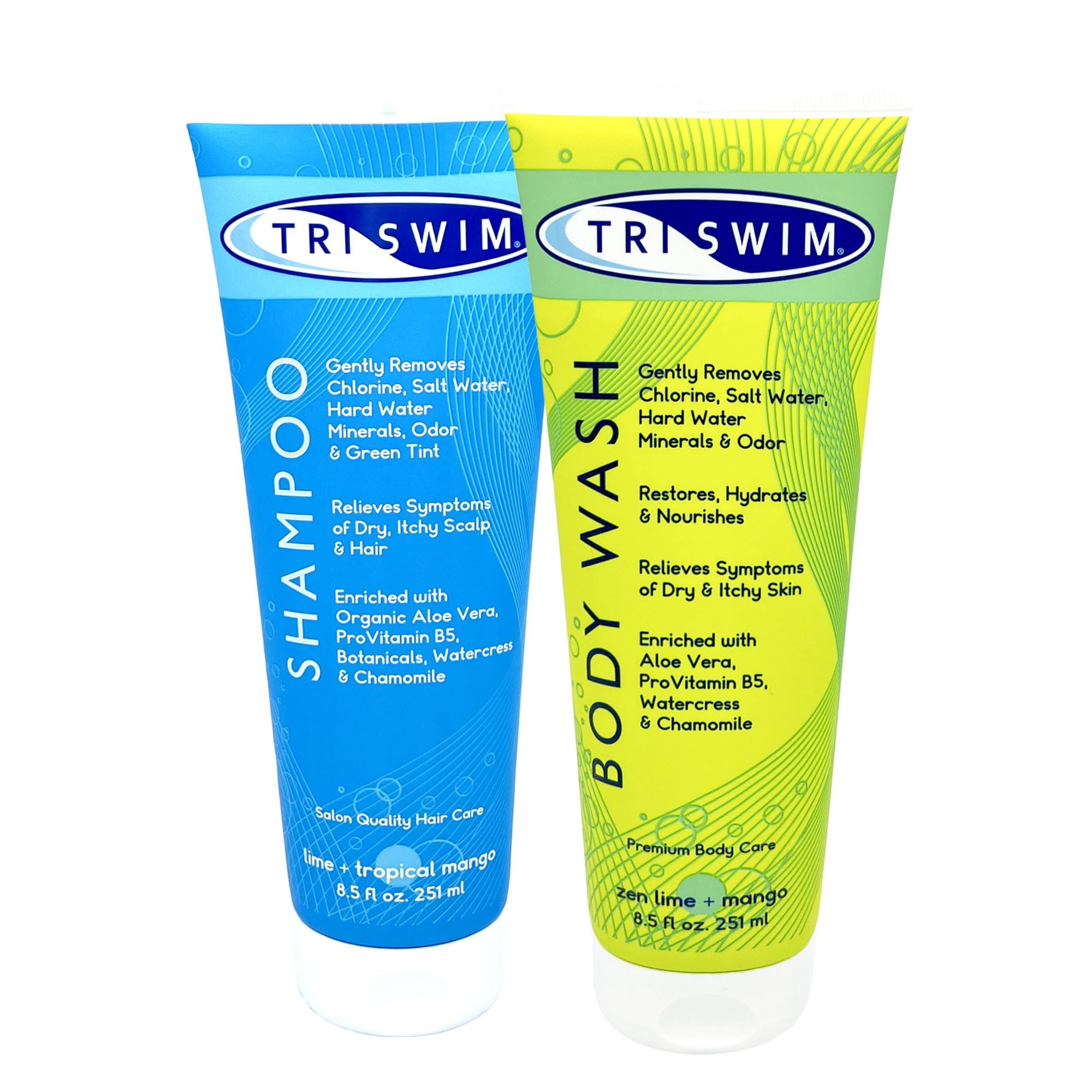 TRISWIM front packaging showing shampoo and body wash, refreshing post-swim care