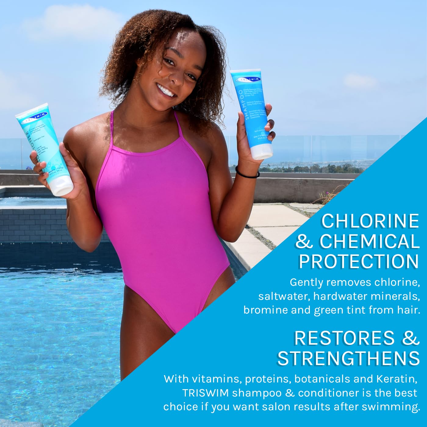 Swimmer using TRISWIM in shower, shows post-swim cleansing routine