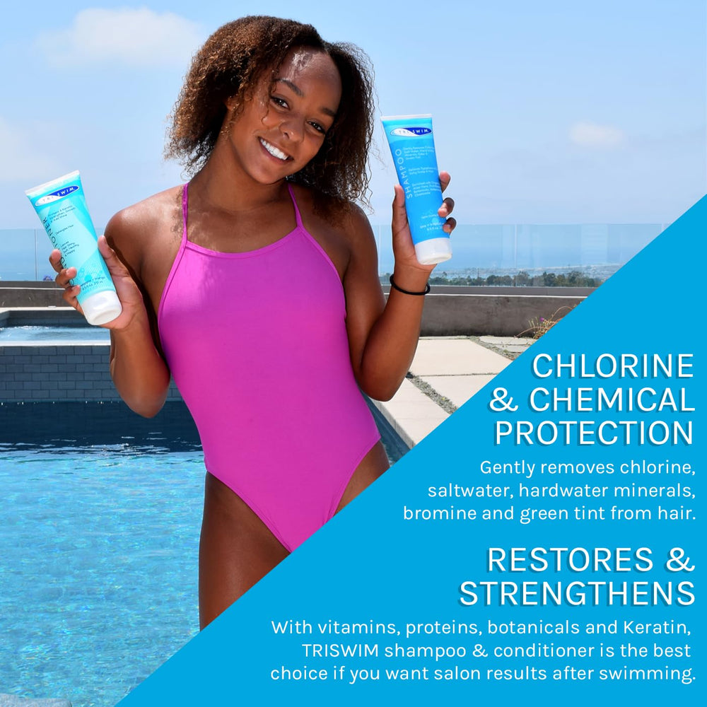 Swimmer using TRISWIM in shower, shows post-swim cleansing routine