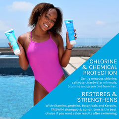 Swimmer using TRISWIM in shower, shows post-swim cleansing routine