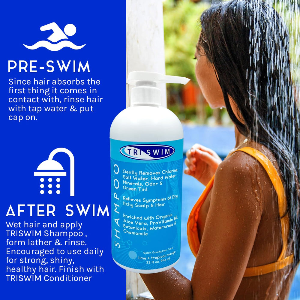 TRISWIM pump dispensing shampoo demonstrating lather and easy-use benefit