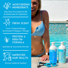 TRISWIM pump dispenser close-up highlighting easy one-handed use for quick poolside rinses