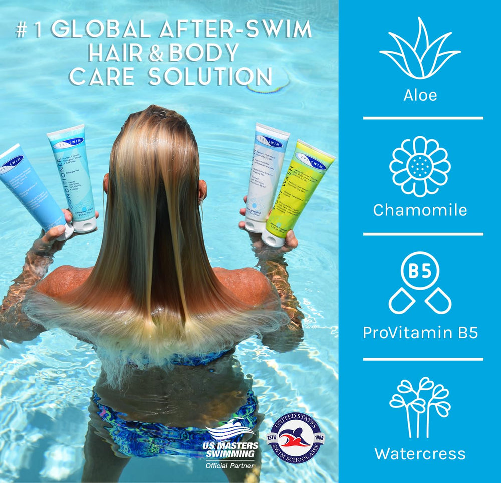 TRISWIM shampoo lather texture demonstrating gentle chlorine removal and clean rinsing