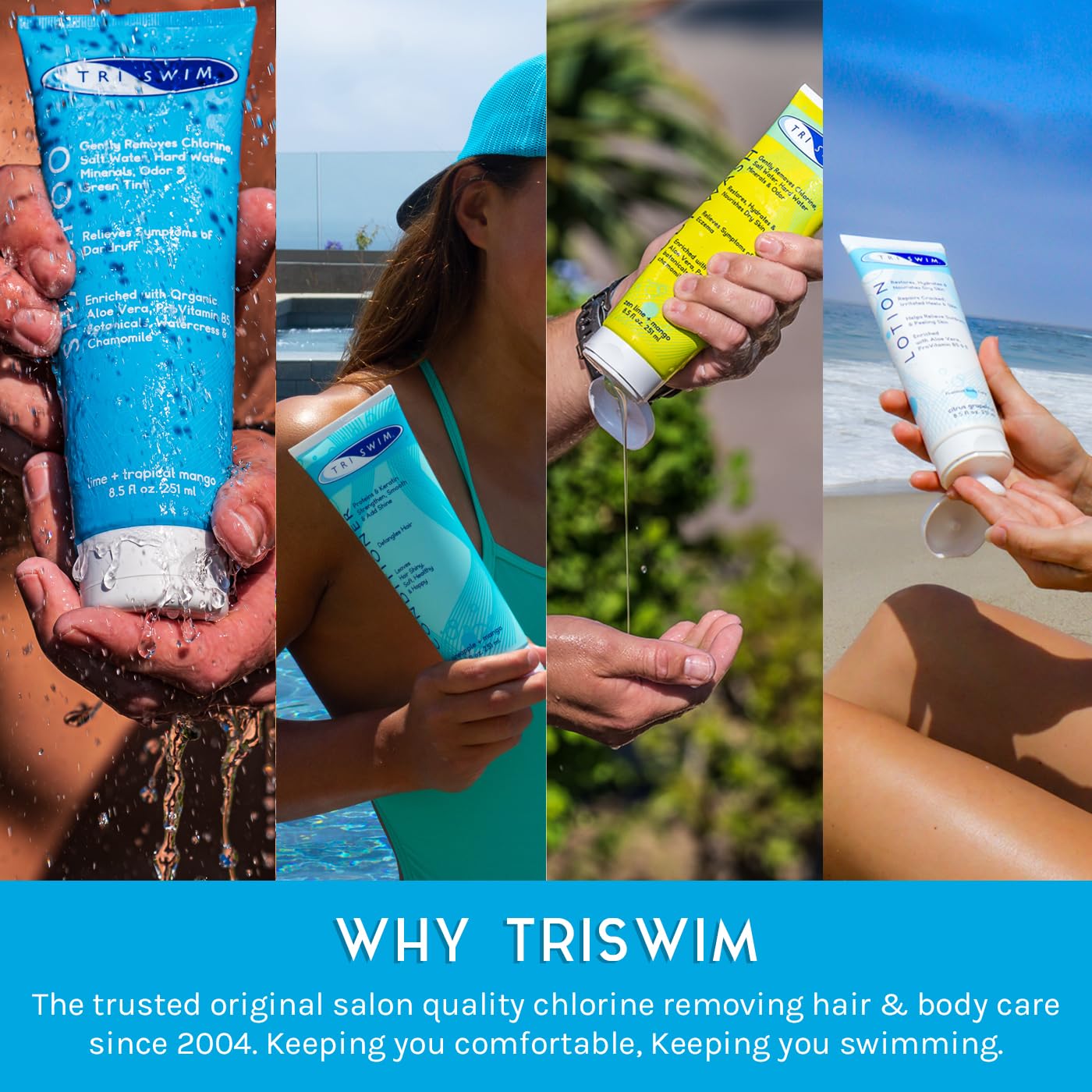 TRISWIM bottles next to common objects showing size and travel-friendly 8.5 fl oz convenience