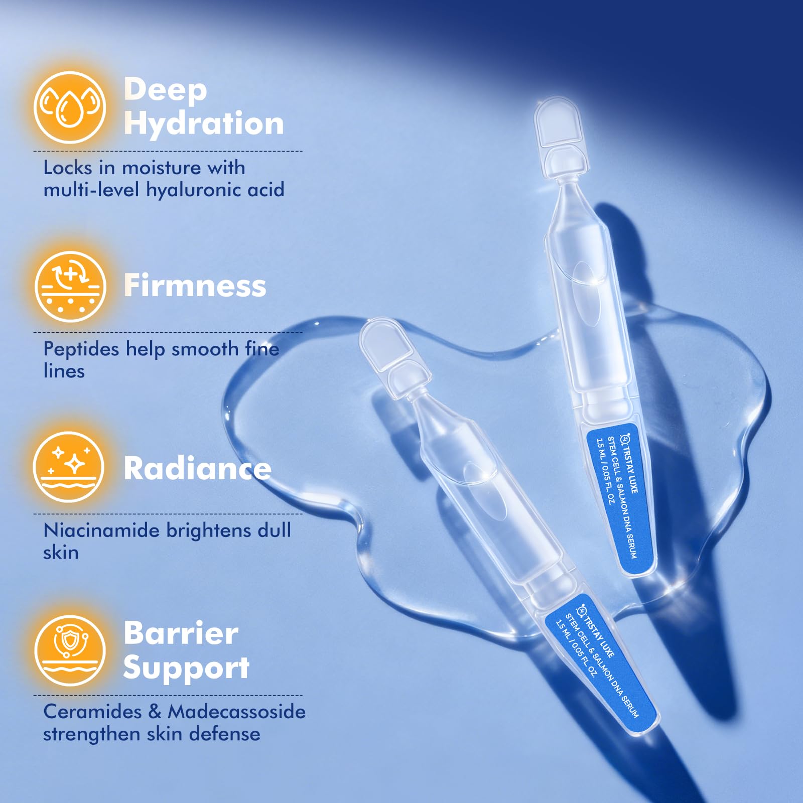 TRSTAY LUXE clear serum drop showing lightweight texture and rapid absorption