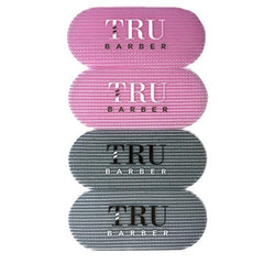 TRU BARBER front view of 4-piece gray and pink grippers showing compact pack and color contrast, ideal for organized styling