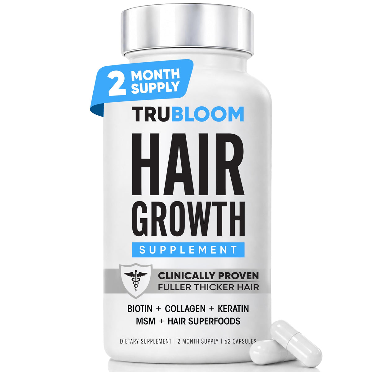 TRU BLOOM front packaging showing bottle and product benefits for fuller hair