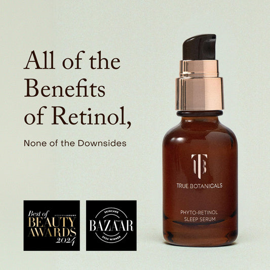 True Botanicals pump and dropper detail highlighting precise application benefit