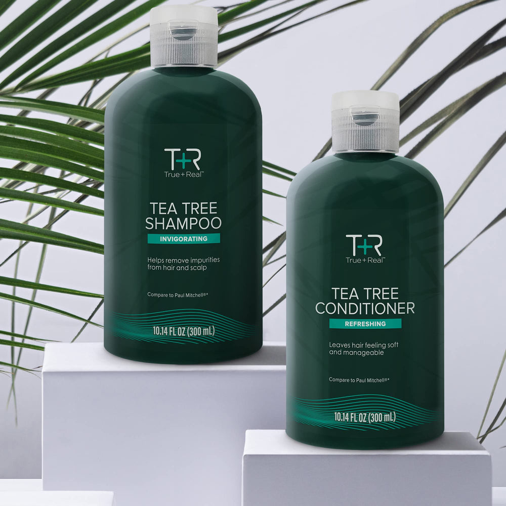 True+Real ingredient label close-up, shows tea tree, aloe, peppermint benefits