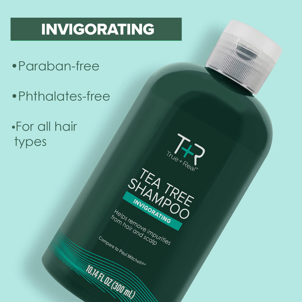 True+Real tea tree oil dropper next to leaves, botanical clarity and purity