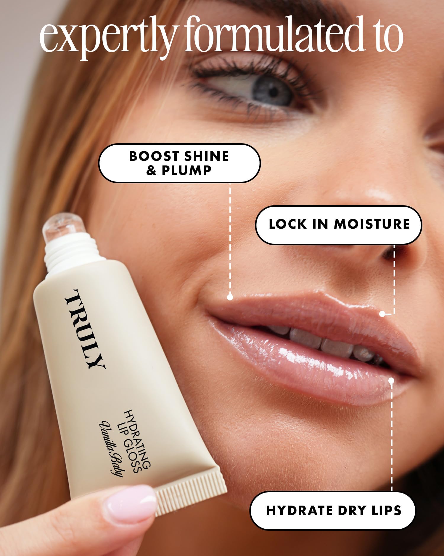 Truly Vanilla Baby texture swirl highlighting creamy gloss and hydrating feel benefit