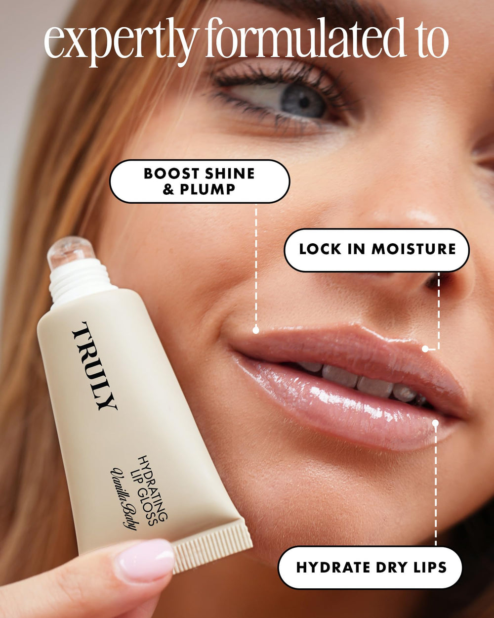 Truly Vanilla Baby texture swirl highlighting creamy gloss and hydrating feel benefit