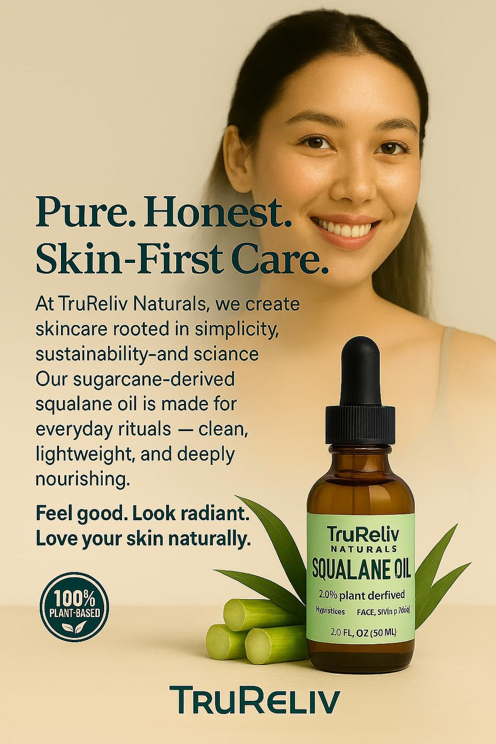 Hand holding TruReliv 2 fl oz bottle demonstrating portable size and easy use benefit