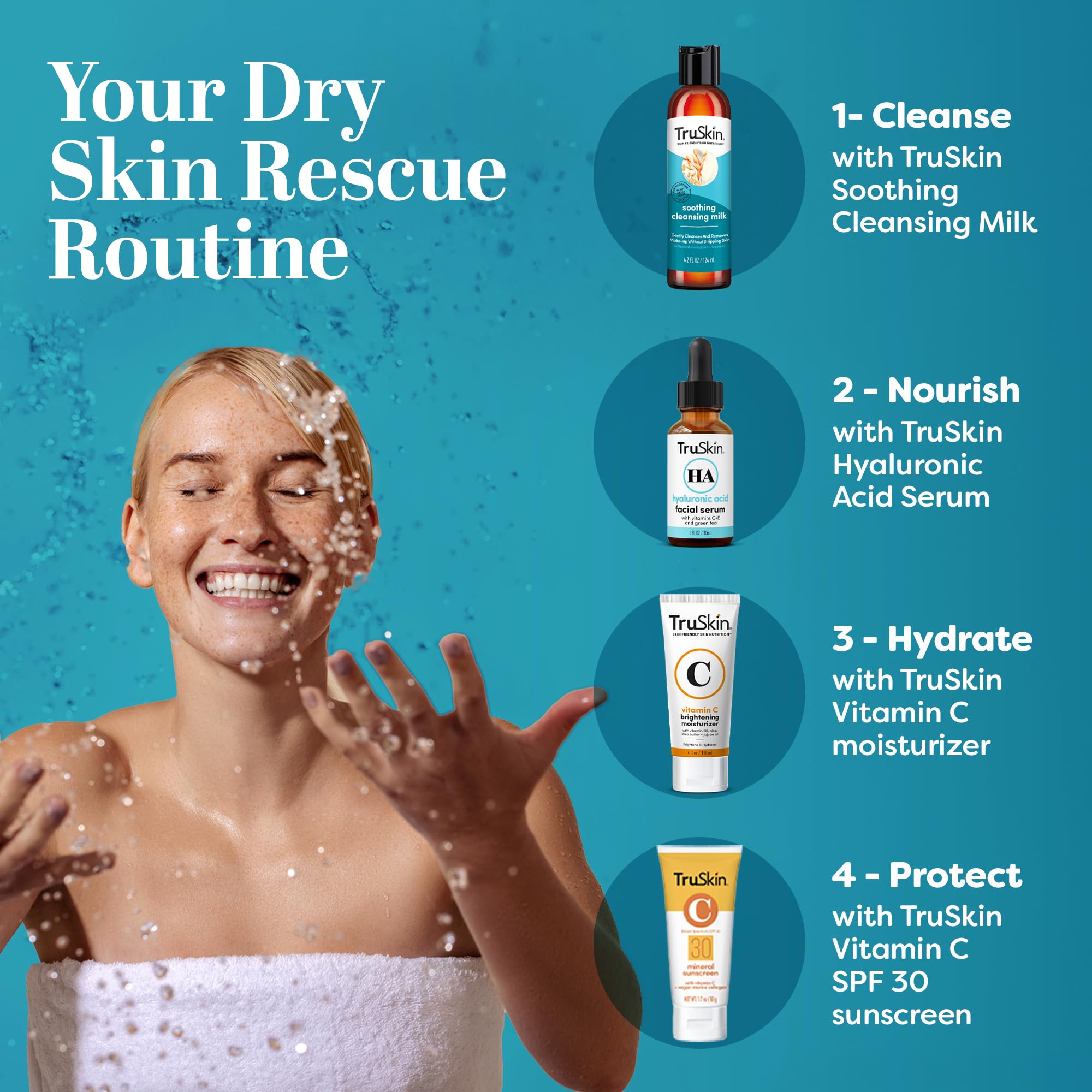 TruSkin on bathroom shelf in a calming skincare routine setting