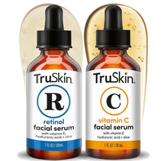 TruSkin duo front packaging showing two 1 fl oz bottles, convenient AM and PM routine