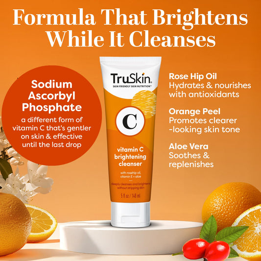 TruSkin bottle pump and readable label emphasizing easy dispensing and ingredient highlights